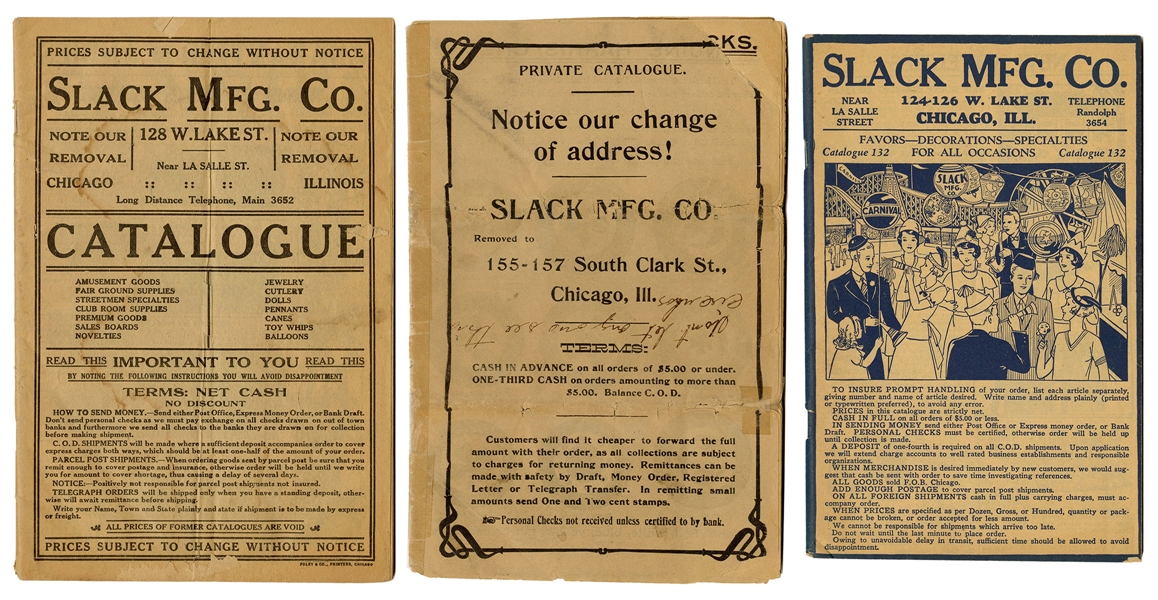  Slack Mfg. Co. Catalogs. Lot of 3. Chicago, ca. 1900s/20s. ...