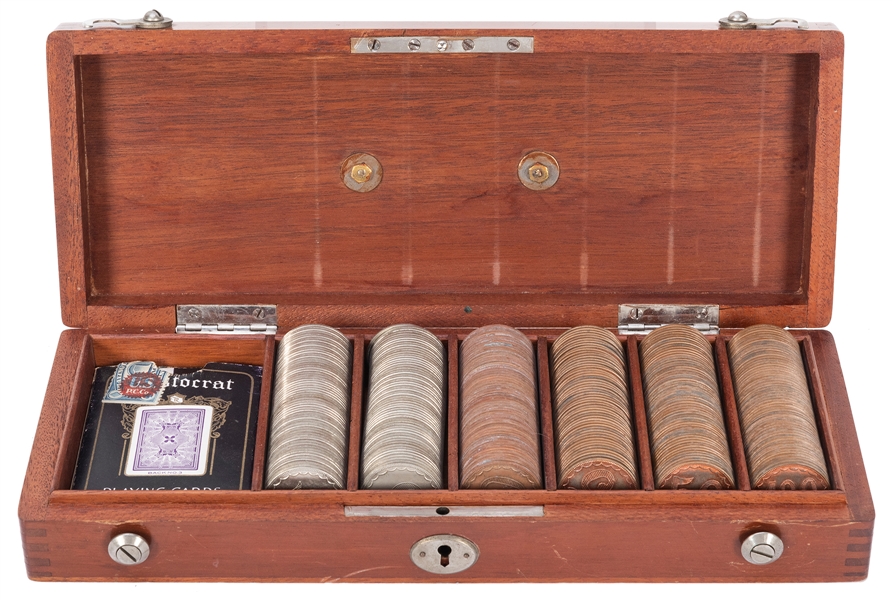  Cased Poker Chip Set with Metal Chips. Locking walnut box w...