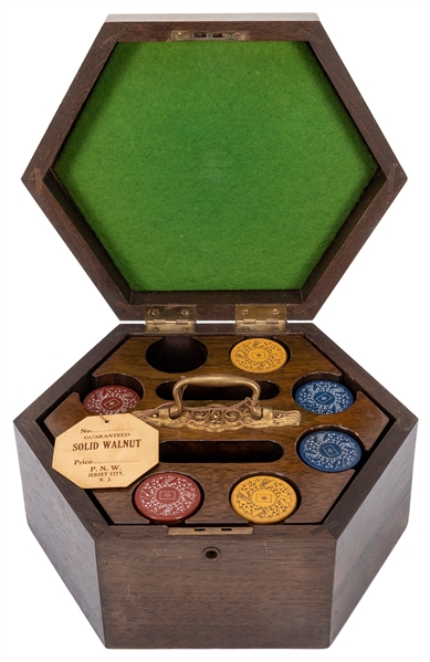  Cased Walnut Poker Chip Set. Hexagonal solid walnut locking...