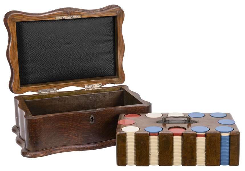  Cased Tiger Oak Poker Chip Set. Cartouche-shaped case with ...
