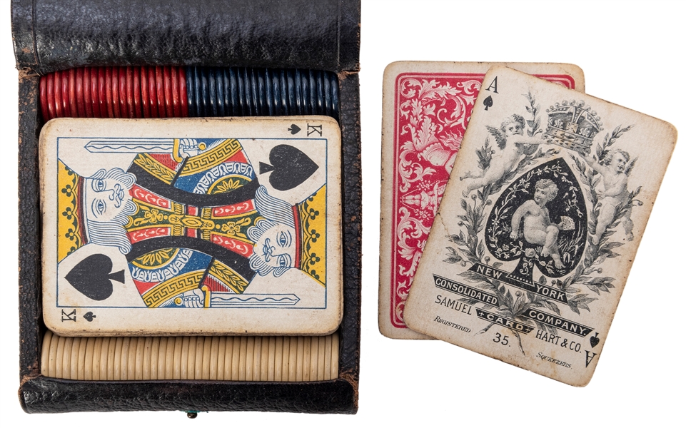  Antique Traveler’s Leather Poker Set. Circa 1890s. Small le...