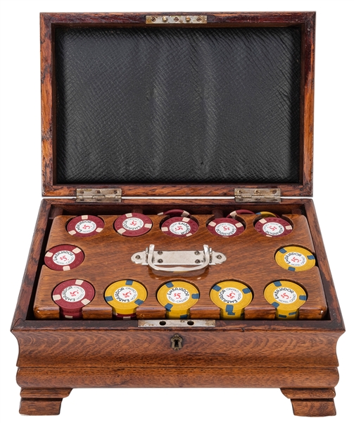  Antique Locking Oak Poker Chip Set. Footed oak poker case w...
