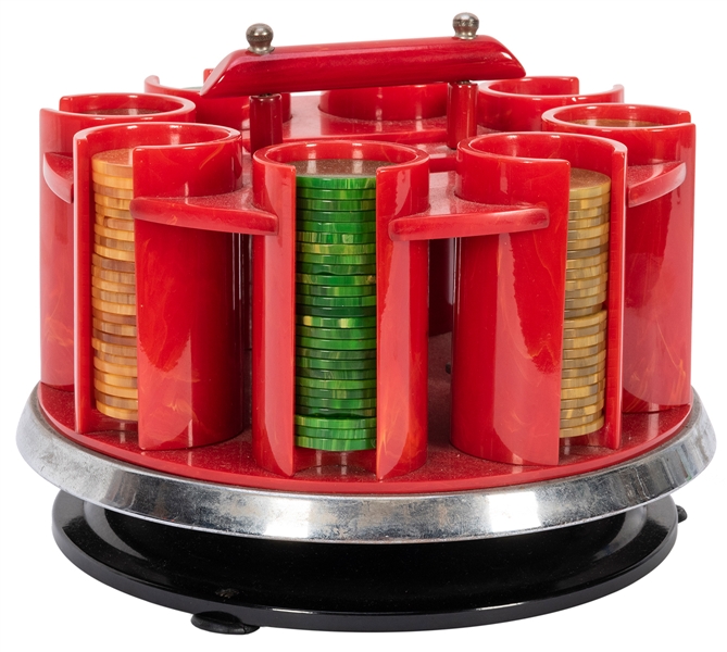  Bakelite Poker Chip Set with Carousel. Red Bakelite rotatin...