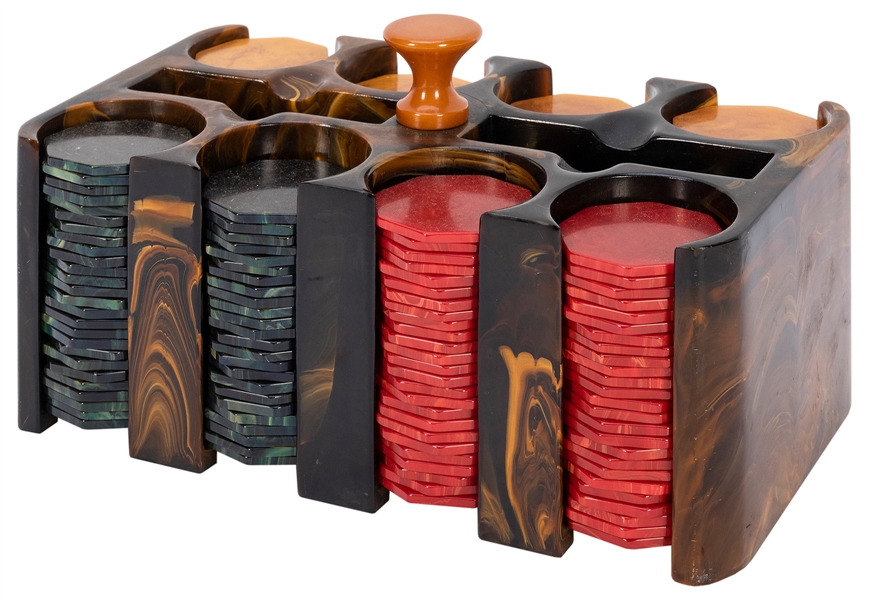  Bakelite Poker Chip Set with Caddy. Swirled black and butte...