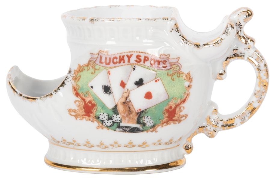  “Lucky Spots” Scuttle Shaving Mug. Gambling-themed porcelai...