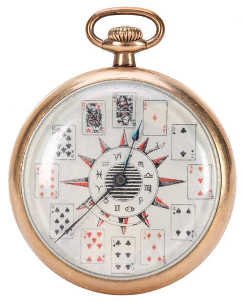  Playing Cards / Zodiac Pocket Watch. Circa 1910s. Open face...