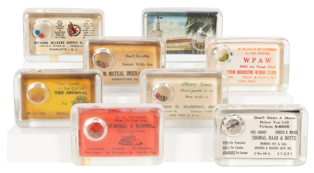  Lot of 8 Advertising Dice Paperweights. American, ca. 1940s...