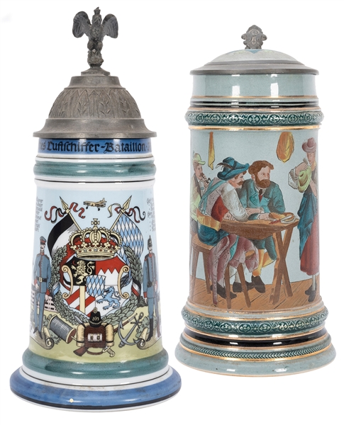  Two German Beer Steins. Including a regimental stein with n...