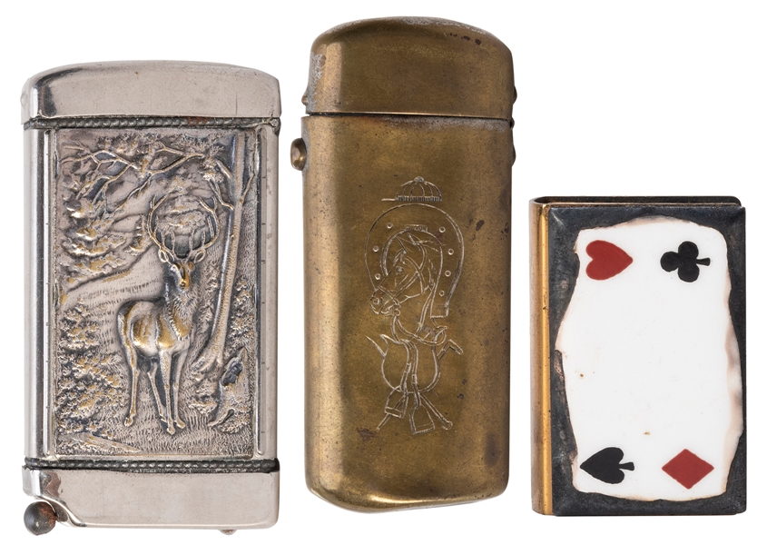  Group of 3 Gambling Match Safes. Brass, nickel, and enamele...