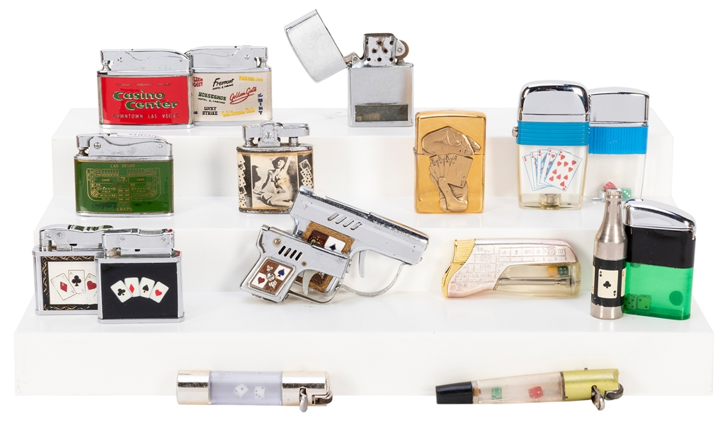  Group of 18 Gambling-Themed Lighters. Assorted vintage ligh...
