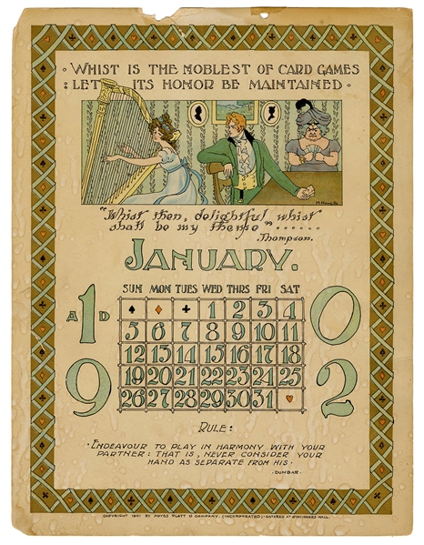  Lithographed Whist Calendar. For the year 1902. Edge chips ...