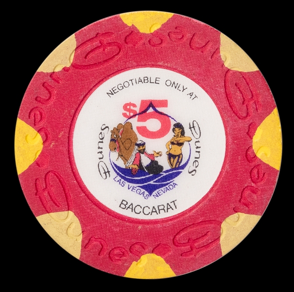  Dunes Las Vegas $5 Baccarat Chip. Fifteenth issue. R-9. Red...