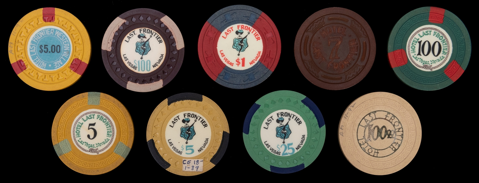  Last Frontier Casino Las Vegas Chips Lot. Nine chips, inclu...