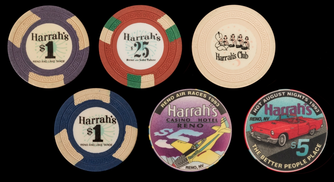  Harrah’s Reno and Lake Tahoe Casino Chips. Lot of six, incl...