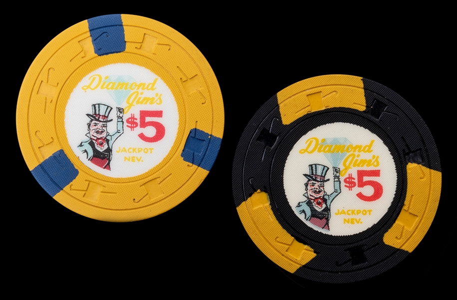  Diamond Jim’s $5 Casino Chips. Jackpot, NV, ca. 1960s. Incl...