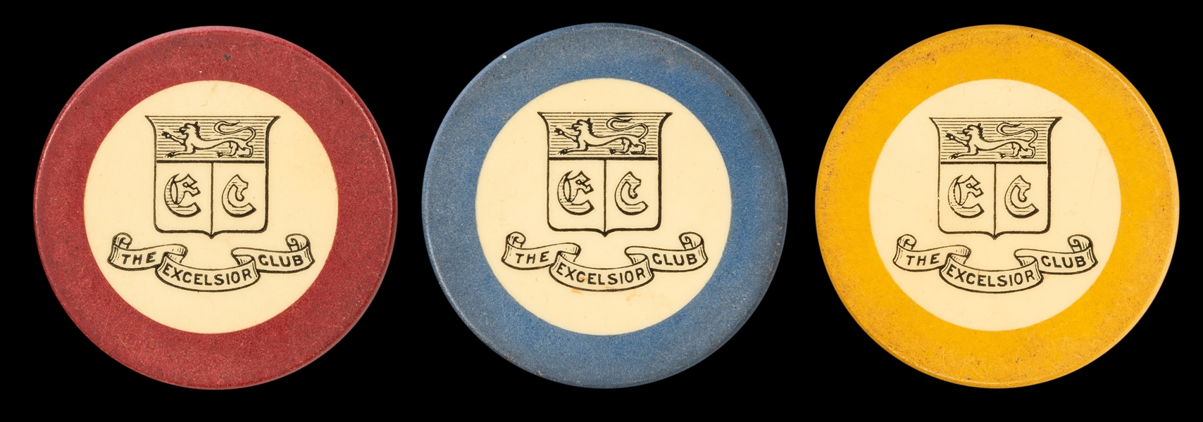  Excelsior Club (Cleveland) Crest & Seal Chips (3). Circa 19...
