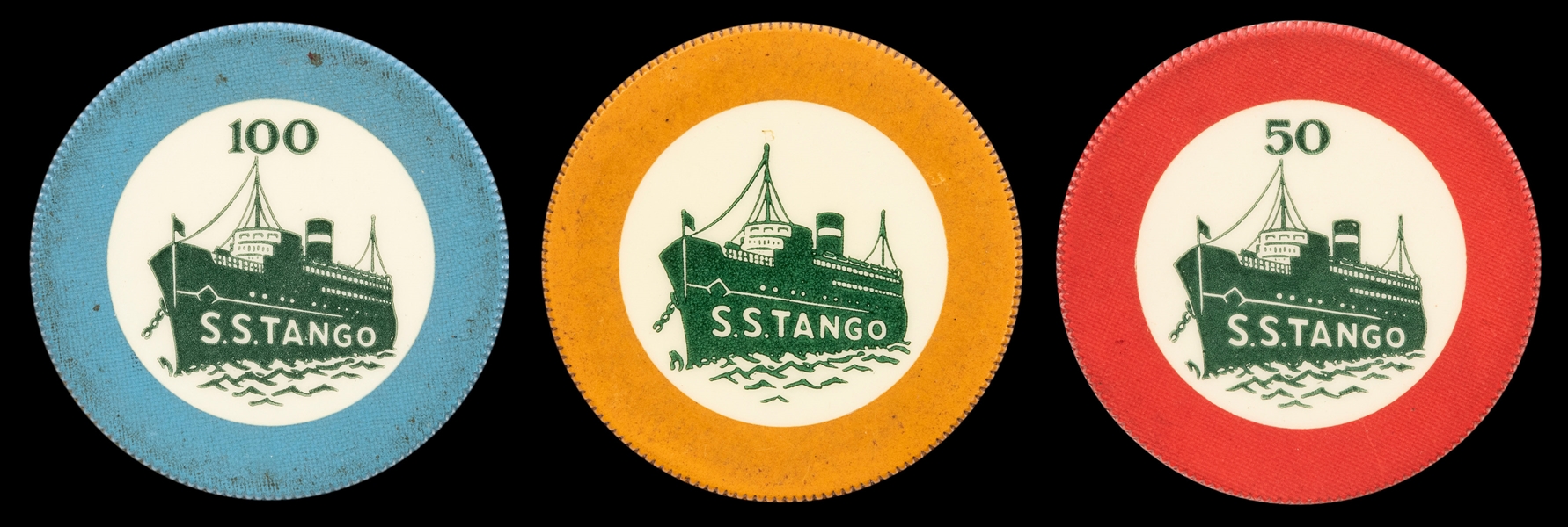  S.S. Tango Crest & Seal Casino Chips (3). Circa 1930s. In r...
