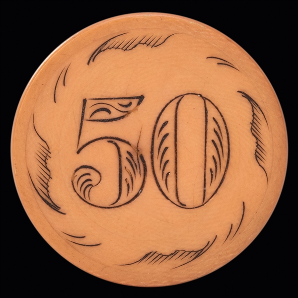  $50 Scrimshawed Ivory Poker Chip. American, 19th Century. S...