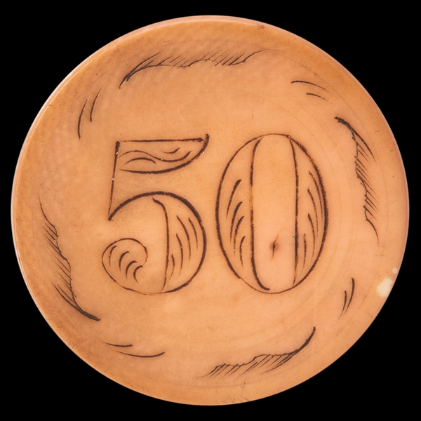  $50 Scrimshawed Ivory Poker Chip. American, 19th Century. S...