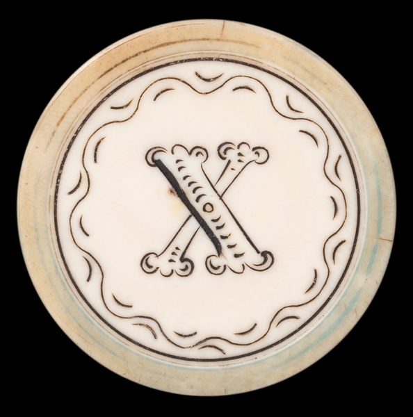  $10 (Roman Numeral “X”) Scrimshawed Poker Chip. American, 1...