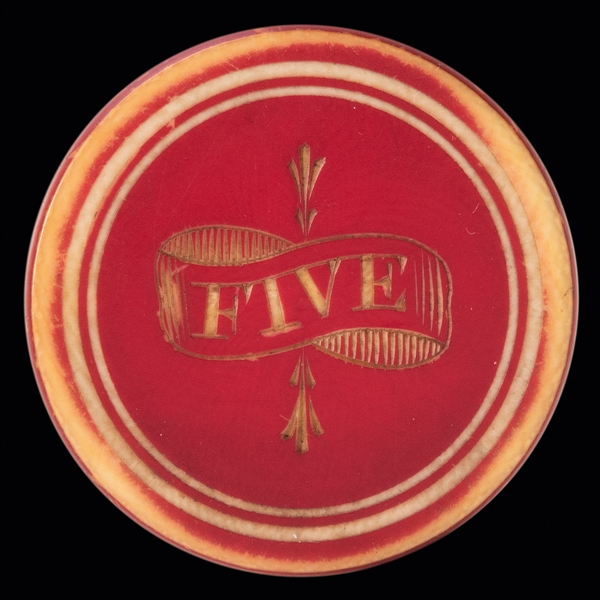 $5 Scrimshawed Ivory Poker Chip. American, 19th Century. Sc...