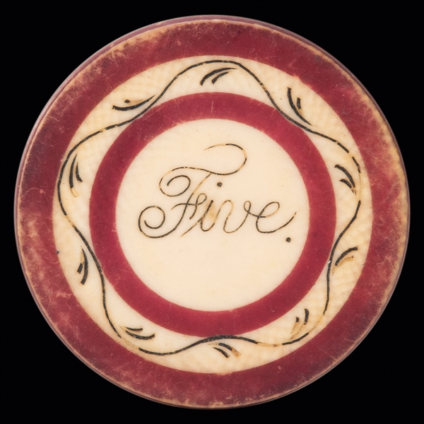 “Five” ($5) Scrimshawed Ivory Poker Chip. 19th Century. “Fi...