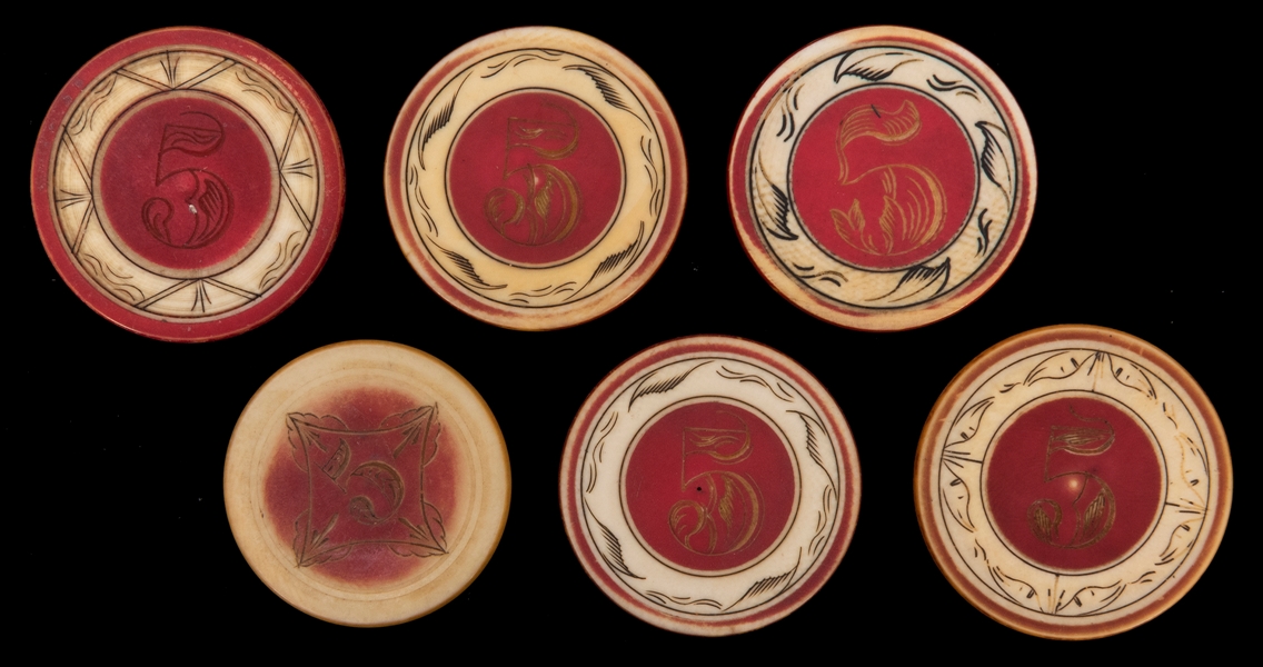  Lot of Six $5 Scrimshawed Ivory Poker Chips. 19th Century. ...