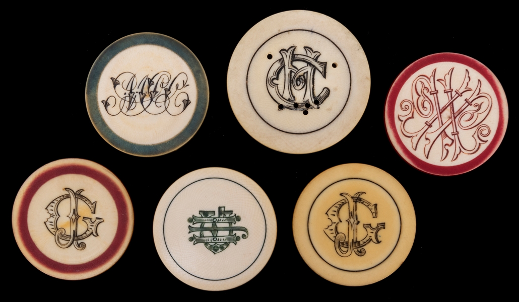  Six Fancy Monogrammed Ivory Poker Chips. 19th Century. Scri...