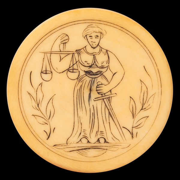  Scrimshawed Ivory “Lady Justice” Poker Chip. American, 19th...