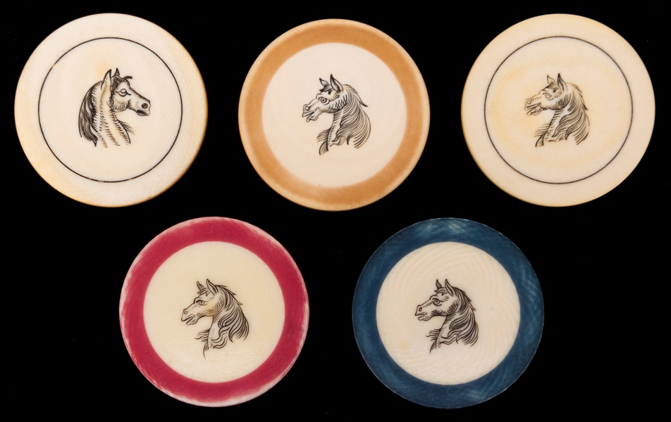 Horse Head Ivory Poker Chip Lot. 19th Century. Five scrimsh...