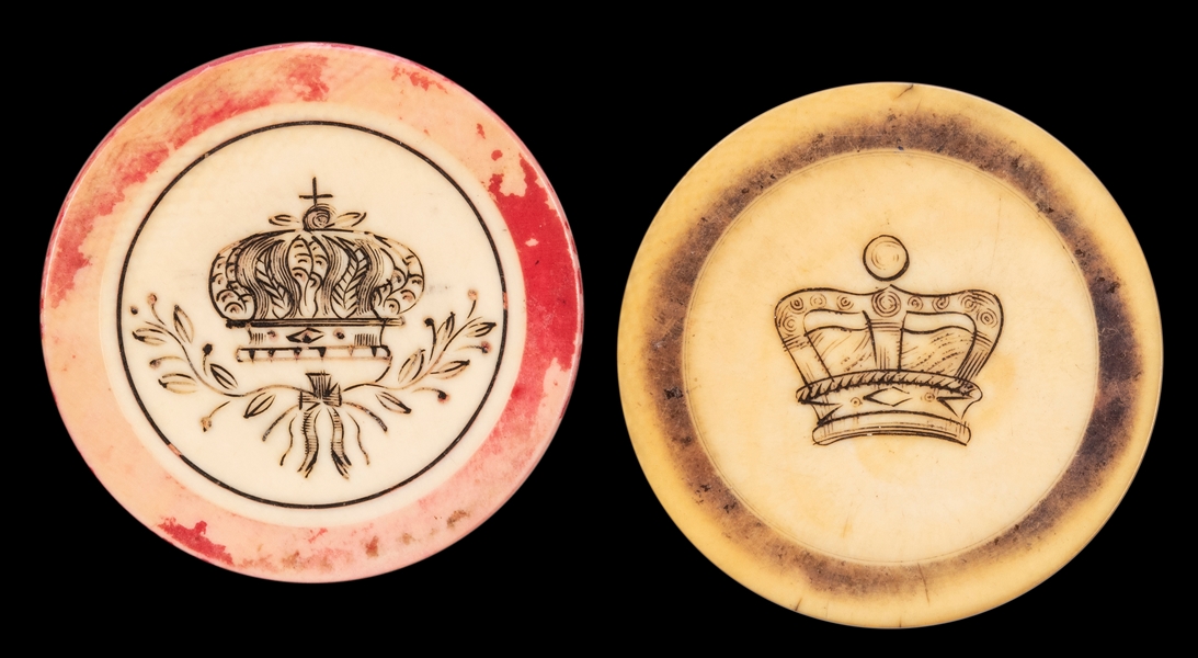  Pair of Scrimshawed Ivory Crown Design Chips. 19th Century....