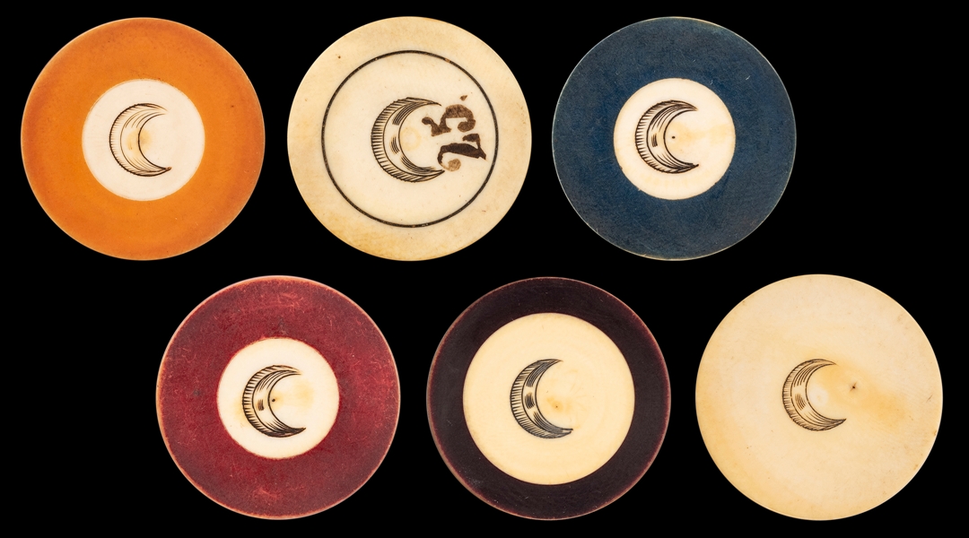  Crescent Moon Ivory Poker Chip Lot. 19th Century. Six scrim...