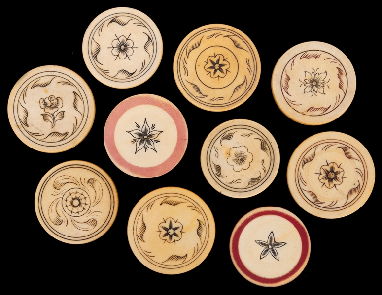 Lot of 10 Floral Design Ivory Poker Chips. 19th Century. Te...