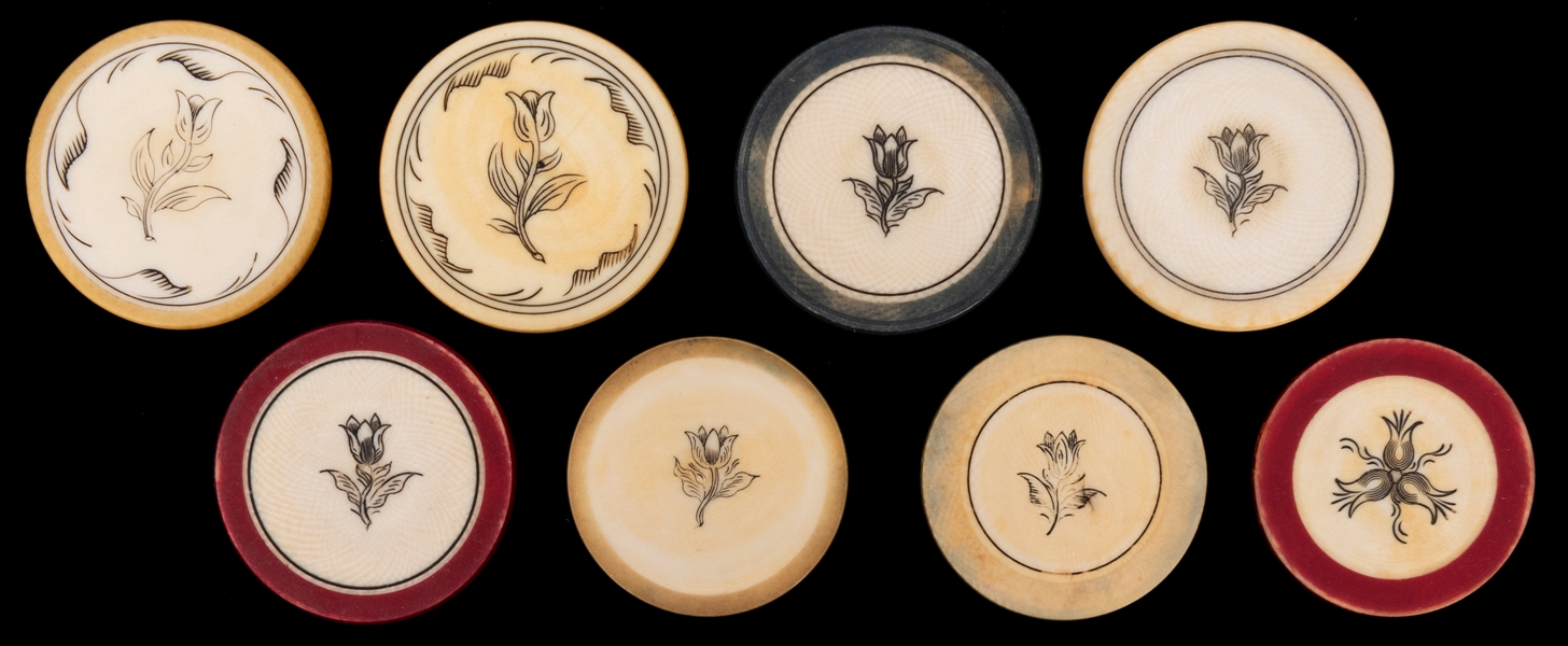  Lot of 8 Tulip Design Ivory Poker Chips. 19th Century. Scri...