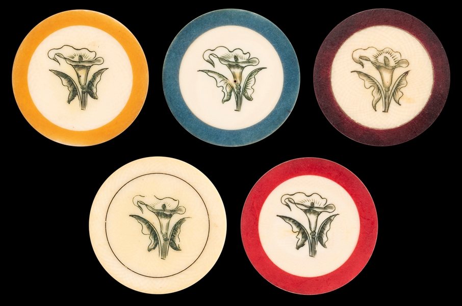  Lily Design Ivory Poker Chip Lot. 19th Century. Five scrims...
