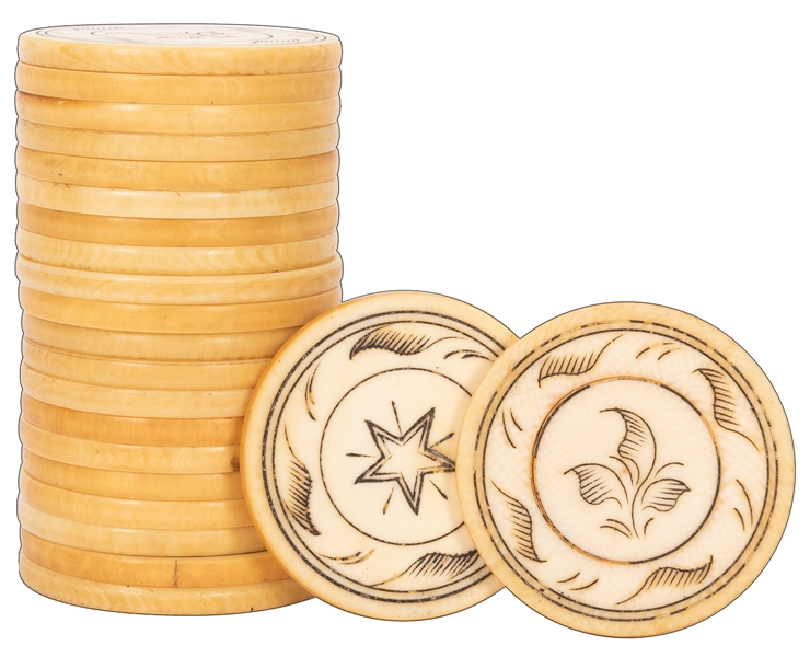  Set of 22 Star / Leaf Scrimshawed Ivory Poker Chips. 19th C...