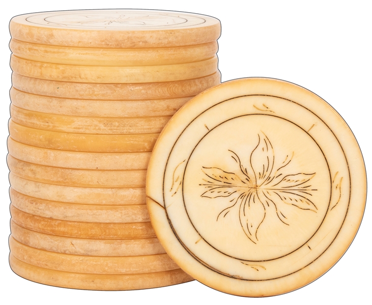  Set of 16 Four-Leaf Scrimshawed Ivory Poker Chips. 19th Cen...
