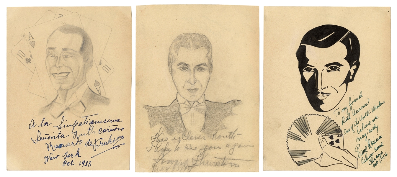 [Autographs] Three Magicians’ Autographs with Original Caricatures. 