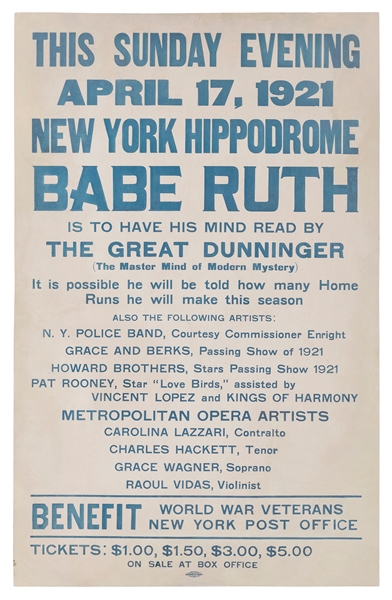 [Babe Ruth] Dunninger, Joseph. Babe Ruth Mind Reading Broadside Poster. 