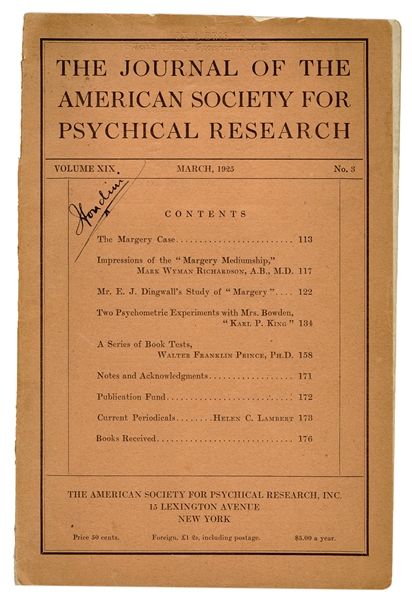 Houdini, Harry (Ehrich Weisz). Psychical Research Journal Annotated and Signed by Houdini. 