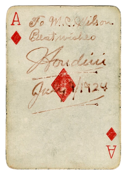 Houdini, Harry (Ehrich Weisz). Playing Card Inscribed and Signed by Houdini. 