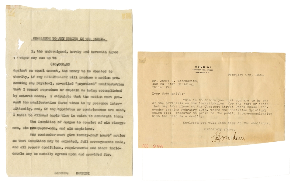 Houdini, Harry (Ehrich Weisz). Houdini TLS to James Wobensmith Regarding Spiritualism Tests. 