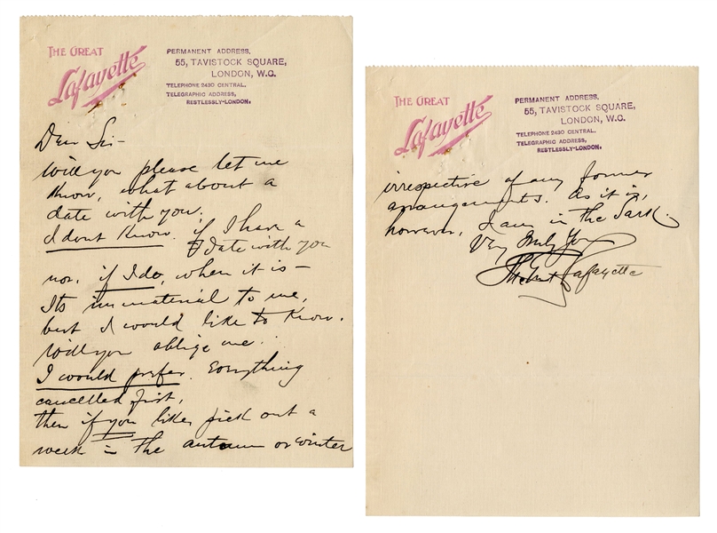 Lafayette (Sigmund Neuberger). The Great Lafayette Autograph Letter. 