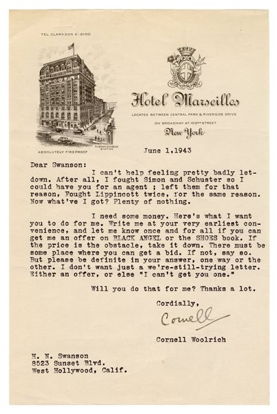  WOOLRICH, Cornell (1903–1968). Typed Letter Signed (“Cornel...