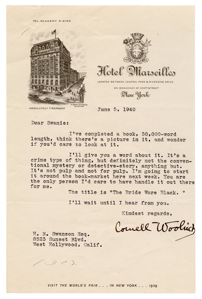  WOOLRICH, Cornell (1903–1968). Typed Letter Signed (“Cornel...