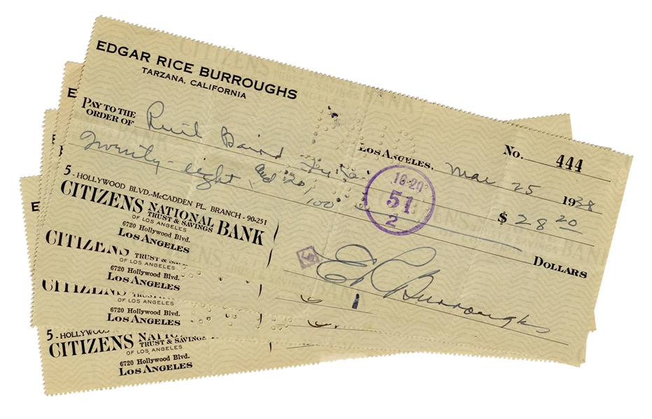  BURROUGHS, Edgar Rice (1875–1950). Four Personal Checks Sig...