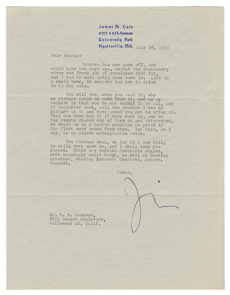  CAIN, James M. (1892–1977). Typed Letter Signed from James ...