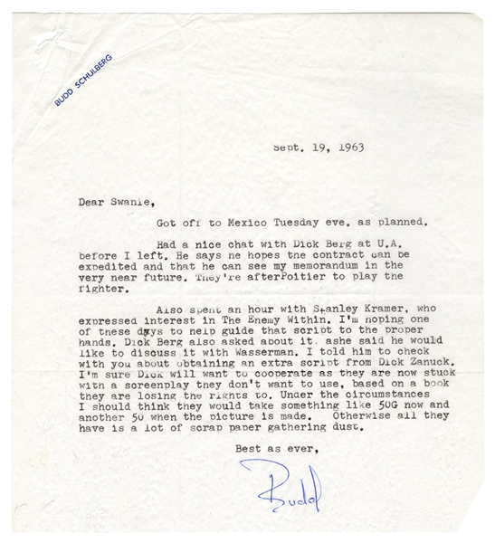  SCHULBERG, Budd (1914–2009). Typed Letter Signed (“Budd”) t...
