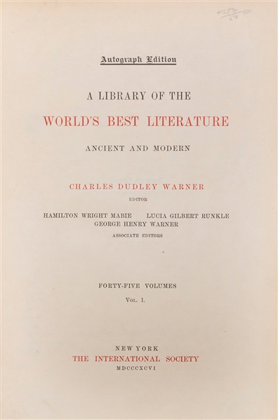  WARNER, Charles Dudley (1829–1900), editor. A Library of th...
