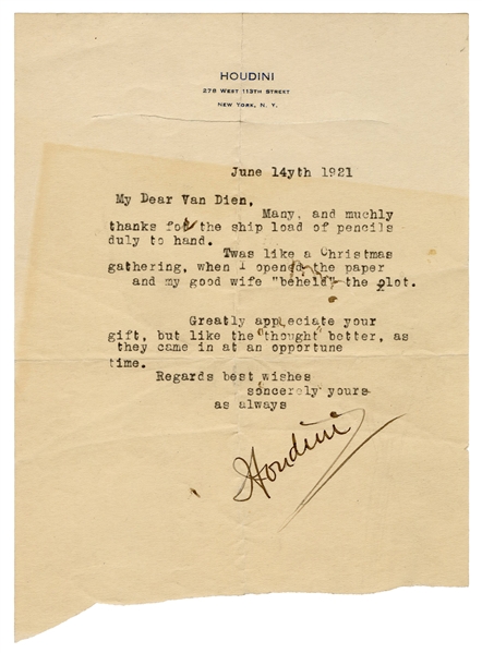 Houdini, Harry (Ehrich Weisz). Typed Letter Signed, “Houdin...